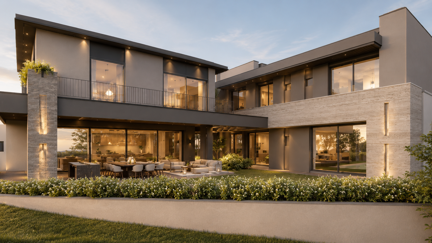 R2 Estudio — Residencia con alberca al atardecer